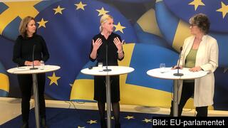 Sara Lowemark och Anna Stellinger på Svenskt Näringsliv redogör för organisationens EU-prioriteringar, journalist Annika Ström Melin modererar. 
