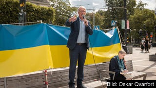 Artikelförfattaren Gunnar Hökmark talar vid måndagsrörelsens möte till stöd för Ukraina på Norrmalmstorg i Stockholm den 13 juni 2022.