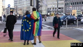 Två personer i EU-flagga och regnbågsflagga