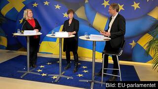 Malin Looberger, EU-samordnare, och Jeanette Grenfors, arbetsrättsjurist och expert på SKR samtalar om SKR:s EU-prioriteringar med Björn Kjällström på Europaparlamentets kontor i Sverige.